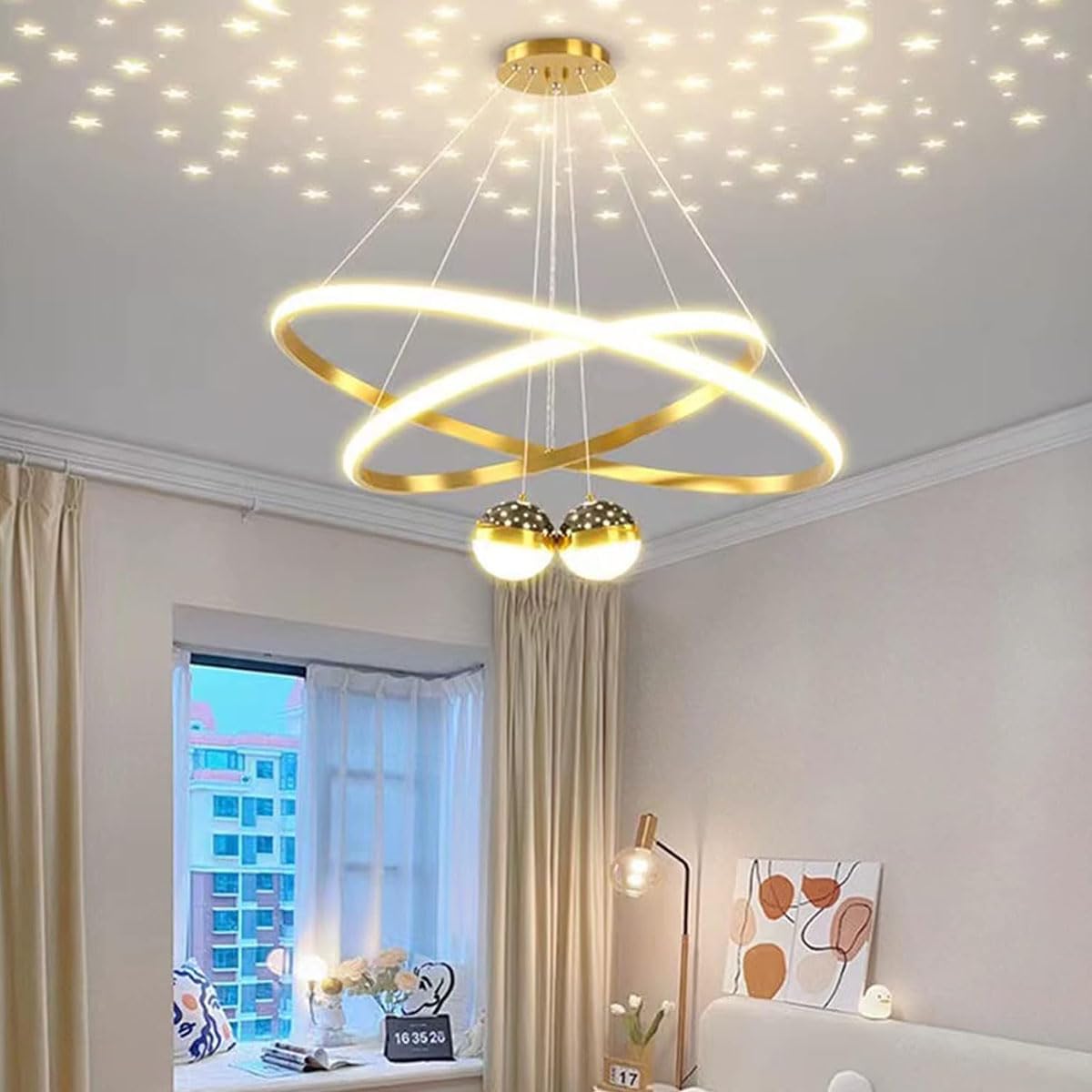Aleaty Modern Dining Table Pendant Lamp with Remote Control - Dimmable Office Chandelier for Dining Room & Ceiling Lights (Gold, 2-Rings)