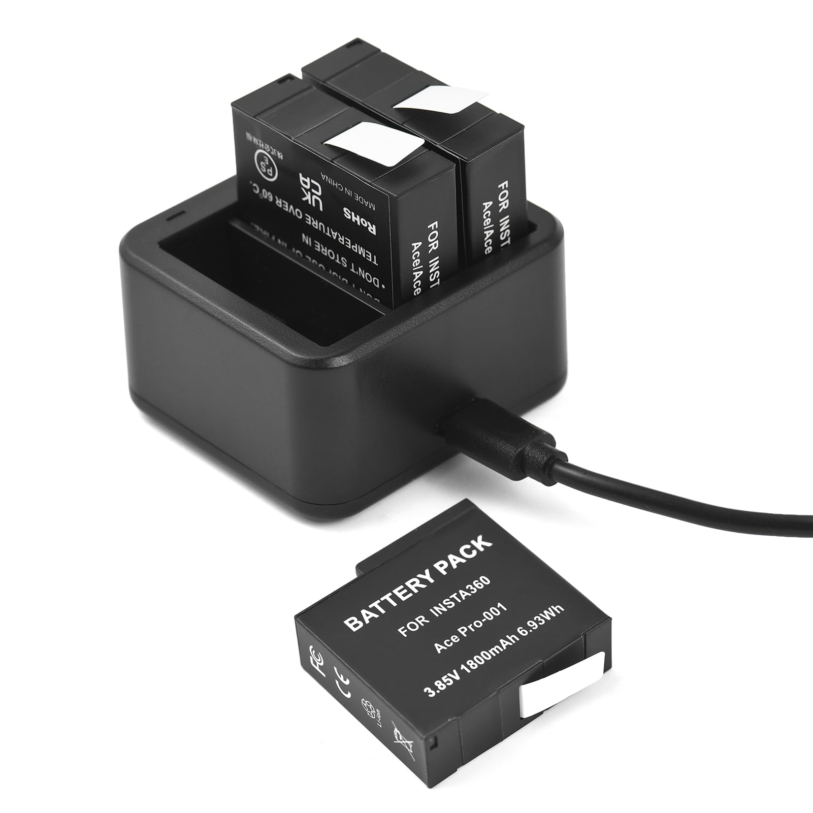 Andoer KIT Batteria E CARICATORE COMPATIBILE CON FOTOCAMERE Insta360 Ace/Ace Pro, COMPRENDE Caricabatteria con TRE slot + 3 batterie da 1800mAh + 3 scatole di immagazzinaggio
