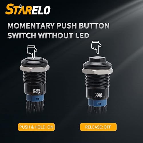 Miniatura 5 de STARELO 5 interruptores de botón momentáneos LED de 0.472 pulgadas, carcasa negra con precableado, interruptor de botón impermeable IP65, 1NO 1