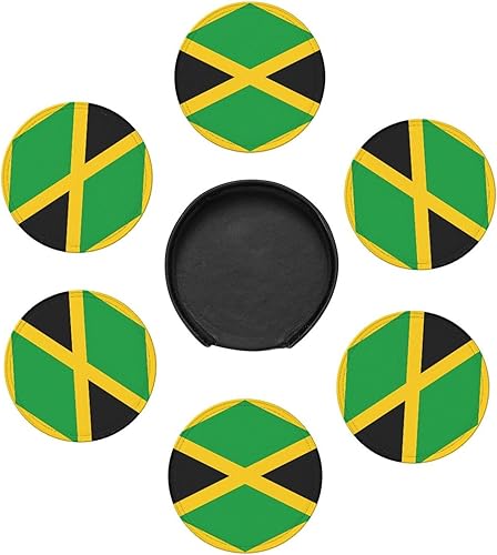 Miniatura 7 de Drink Coasters Set of 6, Jamaica Flag Printed PU Leather Round Coaster with Holder for Outdoor, Office, Bar, Funny Heat-Resistant Home Desk Decor