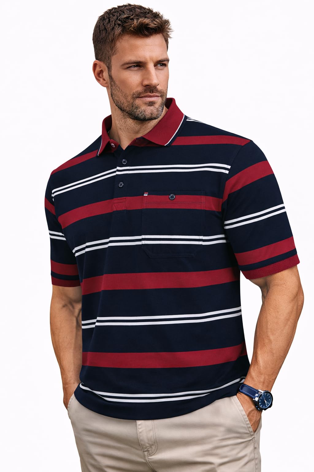 Soltice Herren Kurzarm Poloshirt, Polohemd Kragen, Gestreifte Blousonshirt mit Brusttasche aus Baumwoll-Mix (M bis 3XL)