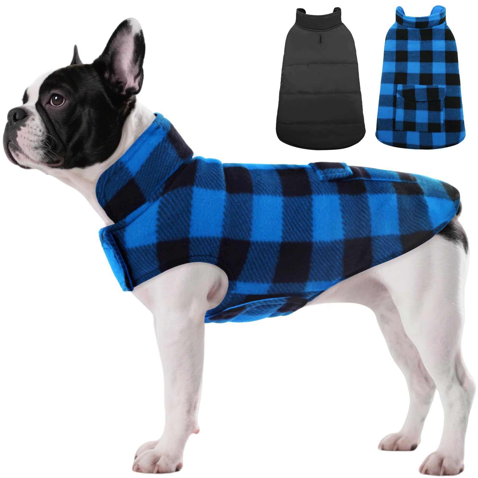ASENKU Warm Waterproof Dog Coat Winter Fleece Dog Jackets Tartan Dogs Coat with Harness Hole Plaid Reversible Dog Vest for Small Medium Large Dogs S