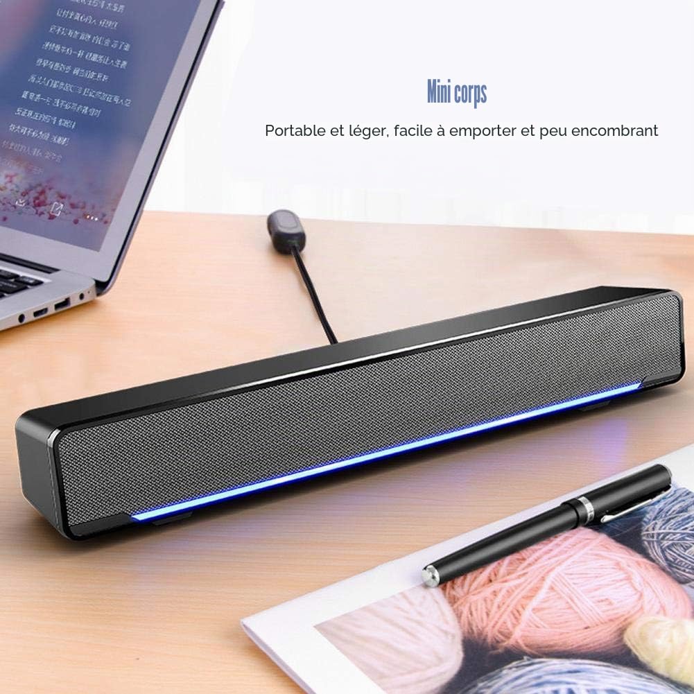 Barre de son USB haut-parleur PC, barre de son stéréo filaire lecteur de musique Bass Surround Soundbox entrée 3,5 mm pour ordinateur de bureau/ordinateur portable/TV/smartphone/tablette/MP3/4 (noir)
