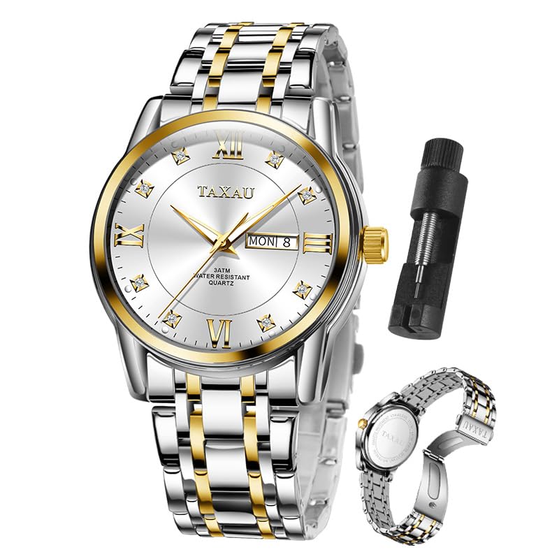 Taxau Silver Men's Wrist Watches with Day Date Large Face Watch Quartz Analog Classic Arabic Numerals Waterproof Dress White Watches for Mens