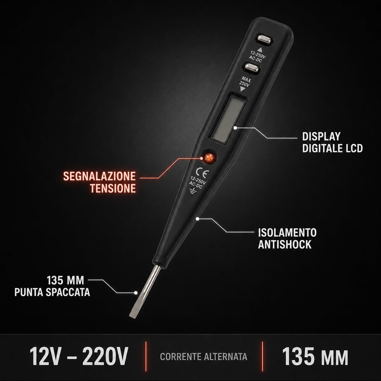 KOMBO - Cacciavite Cercafase Digitale Elettronico 200–250V, Punta Spaccata 135 mm con Display Luminoso – Tester da Elettricista Isolato, Rilevamento da 12V a 220V