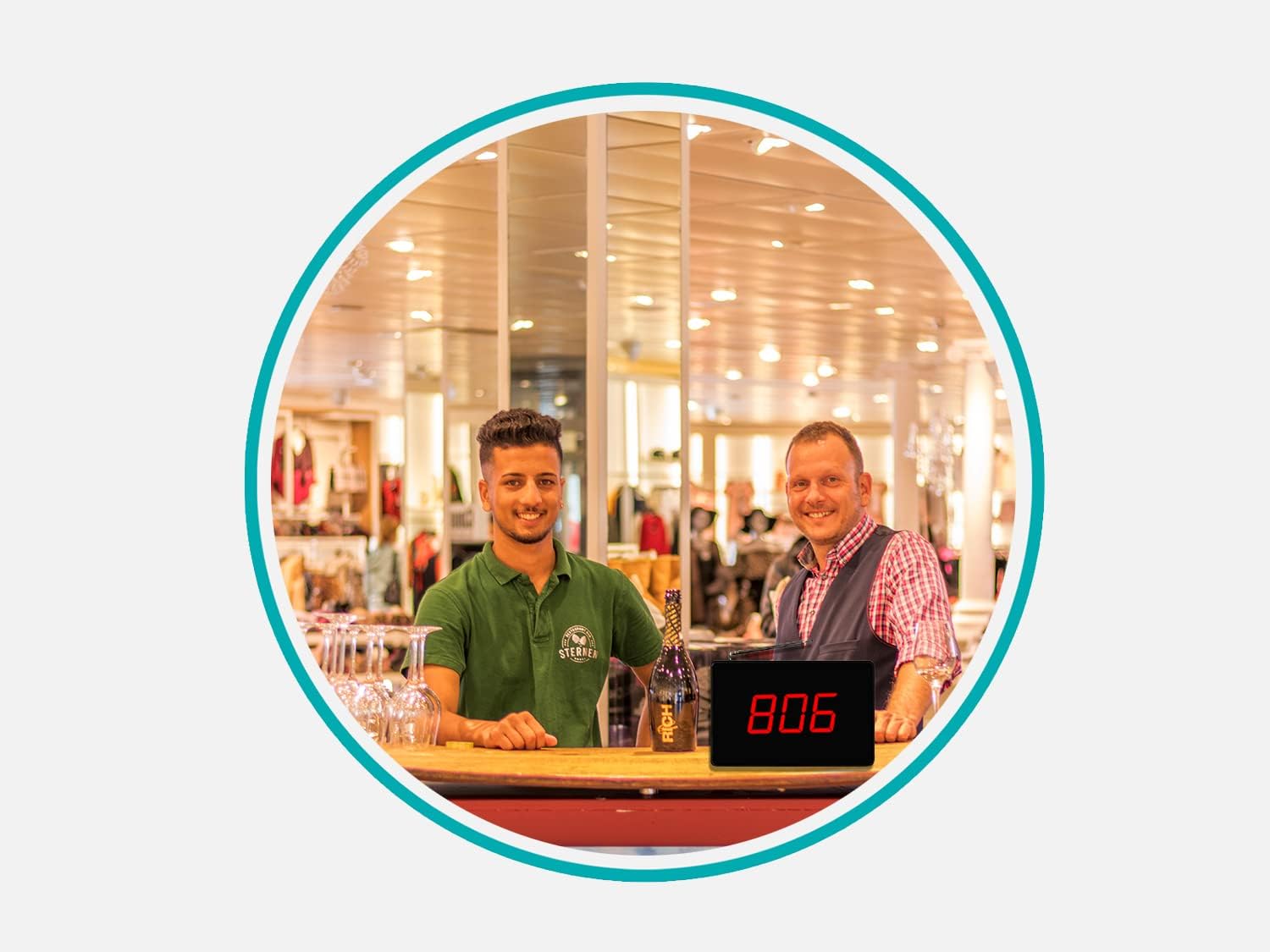 Close-up of a SINGCALL call button with water splashing, indicating its waterproof feature