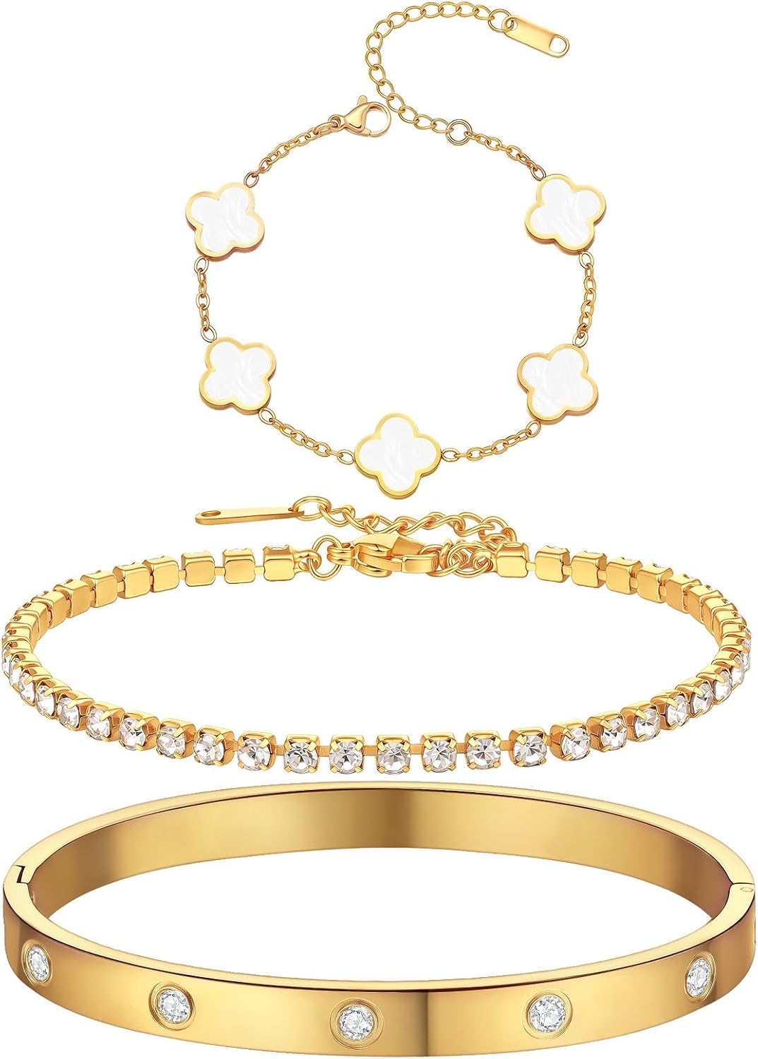 PDWZNBA 18K Gold-Plated Bracelet Set – Floral Clover, Tennis, Twist Cuff, Classic Gold-plated Bangle Stainless Steel, Non Tarnish, Stackable Bracelet Gift for Women