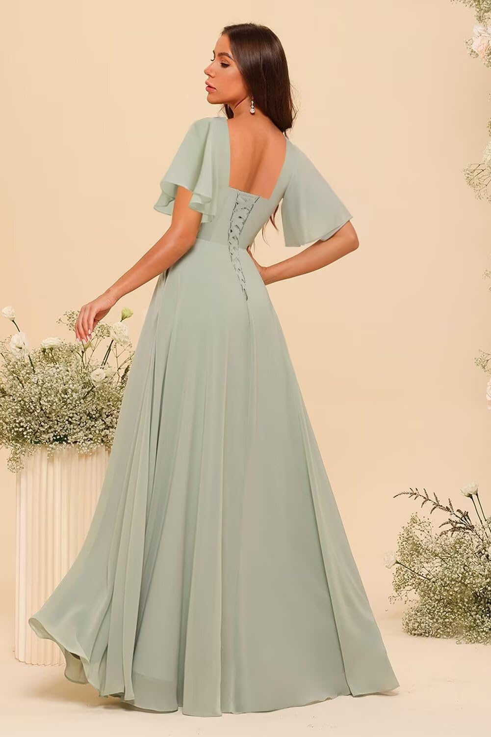 HUINI Chiffon Damen Rüschenärmel Brautjungfernkleider Falten Abendkleid Damen Lang Partykleid mit Schlitz