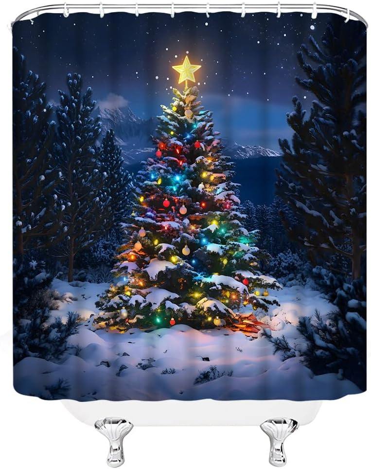 Winter Christmas Tree Shower Curtain Abstract Xmas Ball Snow Forest Mountain Colorful Lights Star Night Scenery Bathroom Decor Polyester Fabric Curtains with Hook 70Wx80H Inches