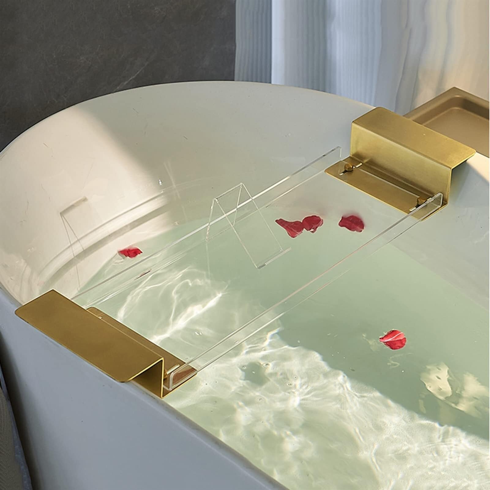 Generisch Badewannentabletts, Badewannenablage aus Acryl – ausziehbares transparentes Badewannentablett mit rutschfesten Griffen, Leseablage, Tablet-Halter – Serviertablettständer für die Badewanne