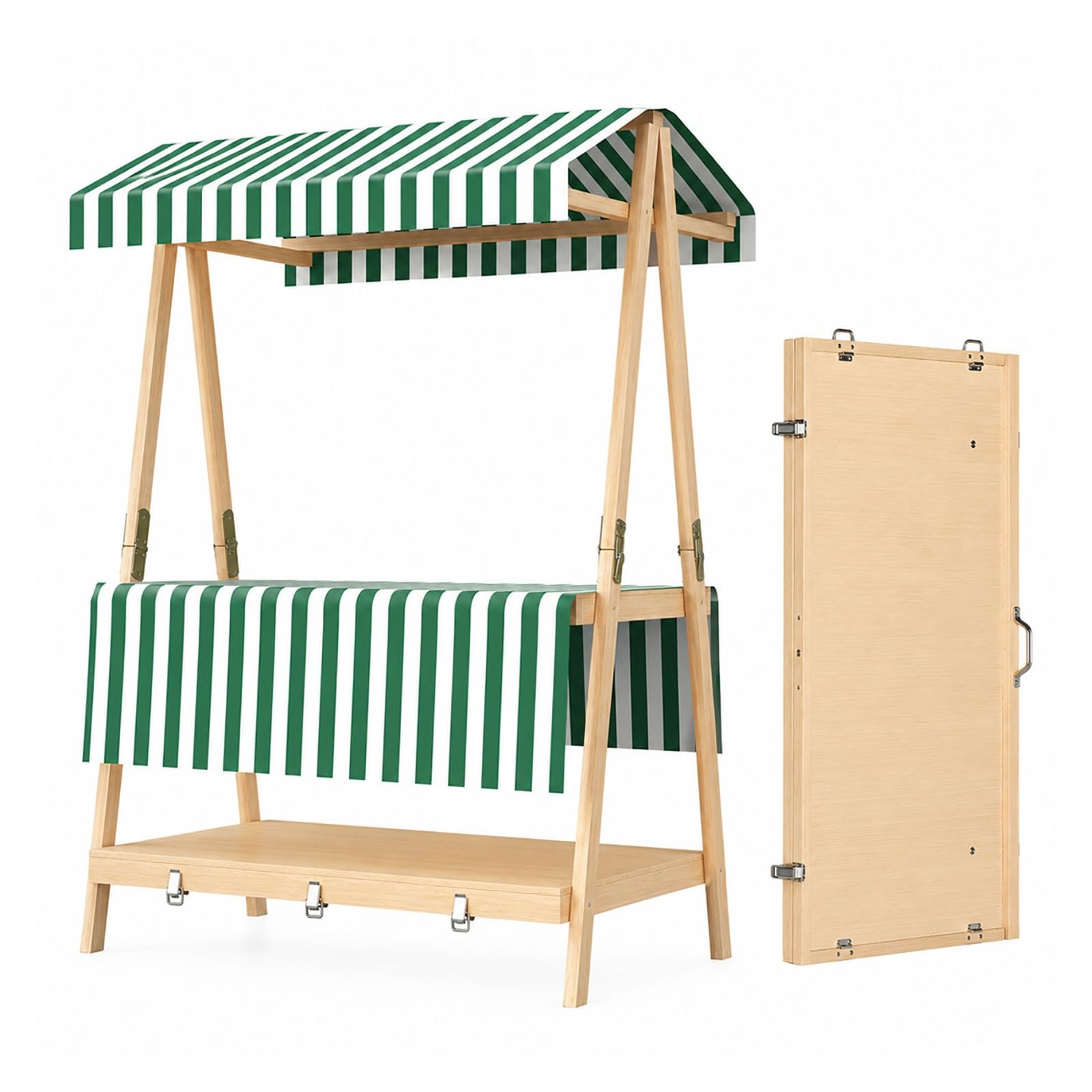 Bancarella Mercatino Pieghevole in Legno con Ruote, Stand Ambulante e Tettuccio per Pop-Up Shop | Bancarella Pieghevole in Legno con Ruote e Tettuccio per Pop-Up Shop(Dark green,136cm/53")