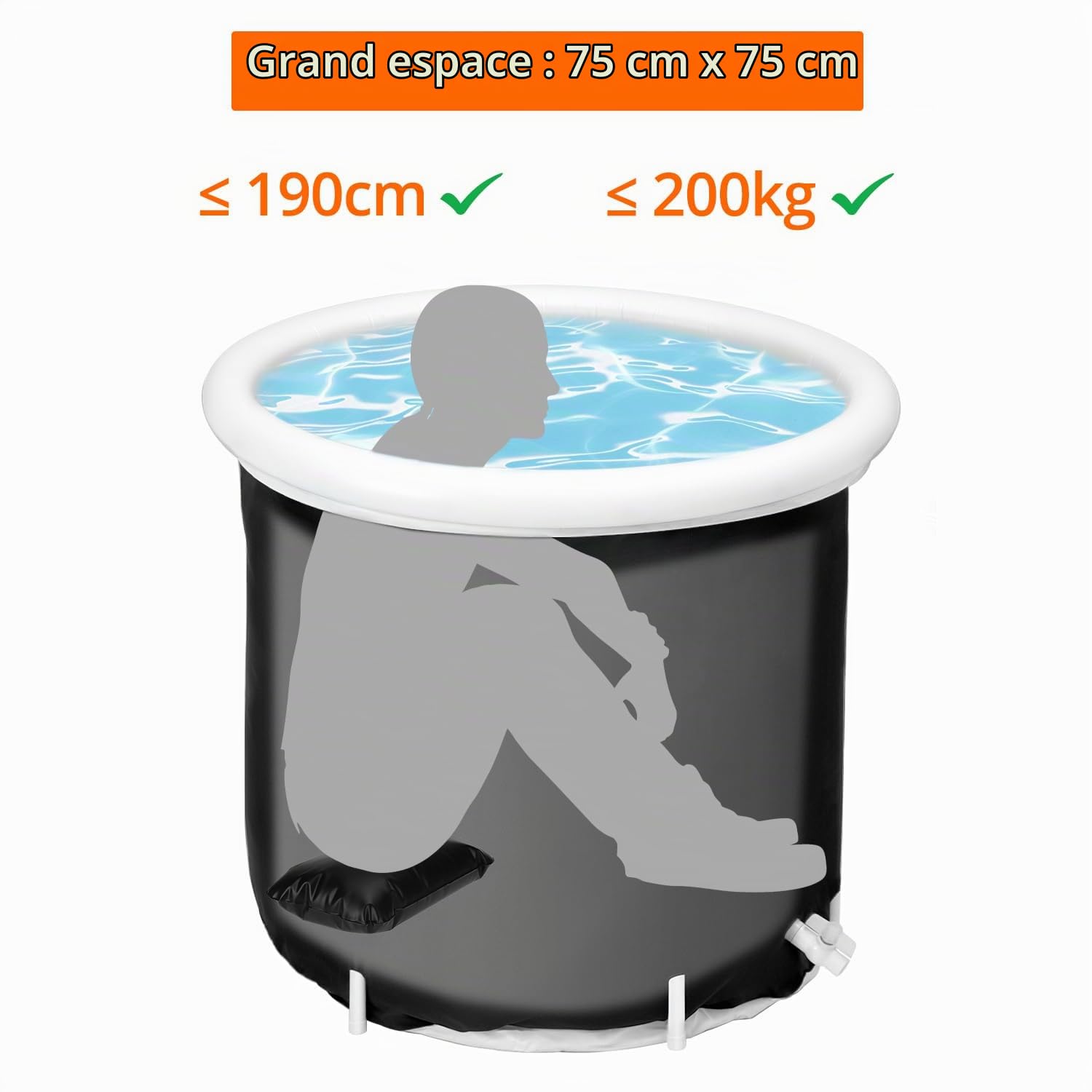 QWORK® Baignoire pliable 75 x 75 cm, baignoire gonflable autoportante pour douche et adultes, cuve portable pour bain froid, sels et détente