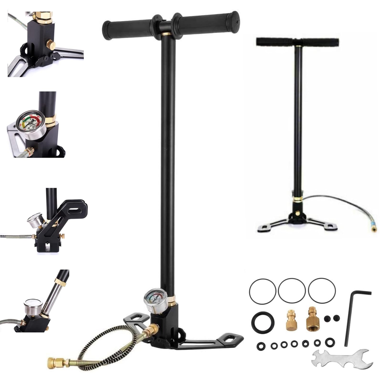 4500PSI High Pressure Stirrup Pump Hand Pump, 3 Stage Air Gun, Stainless Steel Rifle Pump Filling Stirrup Charger Bicycle Tyre Pump PCP Portable Tire Floor Pump with Pressure Gauge, Filter Gauge Valve