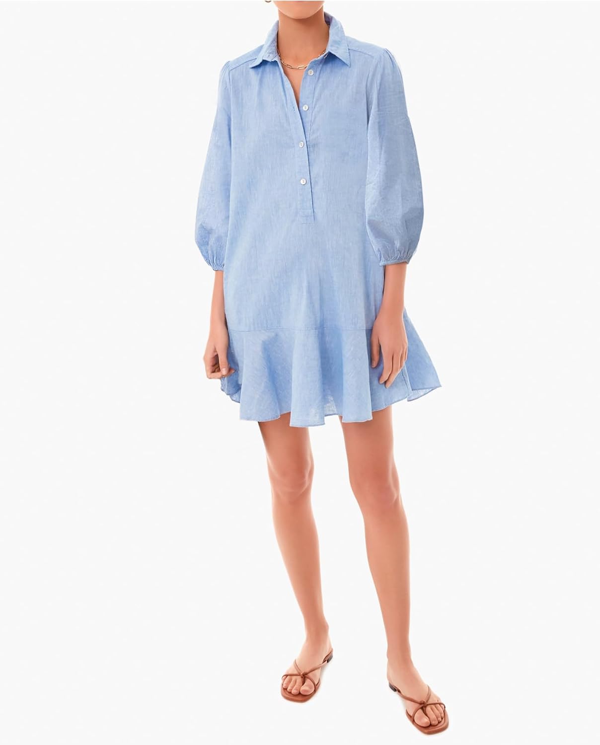 Women Button Down Dress Casual 3/4 Puff Sleeve Cotton Linen Dress Flowy Ruffle Hem Tunic Shirt Dresses - Image 4