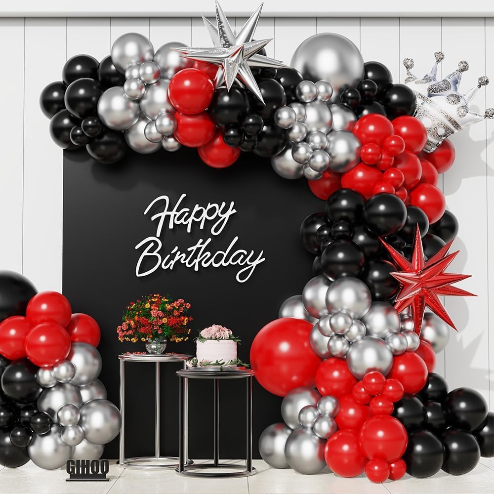 Red and Black Silver Balloon Arch Garland kit 150Pcs Red and Black Latex Chrome Silver and Crown Starburst Star Mylar Balloons for Birthday 2025