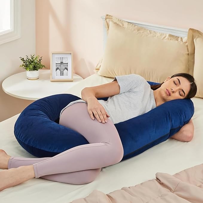 Amazon basics Velvet Full Body Pregnancy Pillow for Maternity,Baby Nursing,Full Body Support|C-Shaped-Washable Cover with Zip- Navy Blue