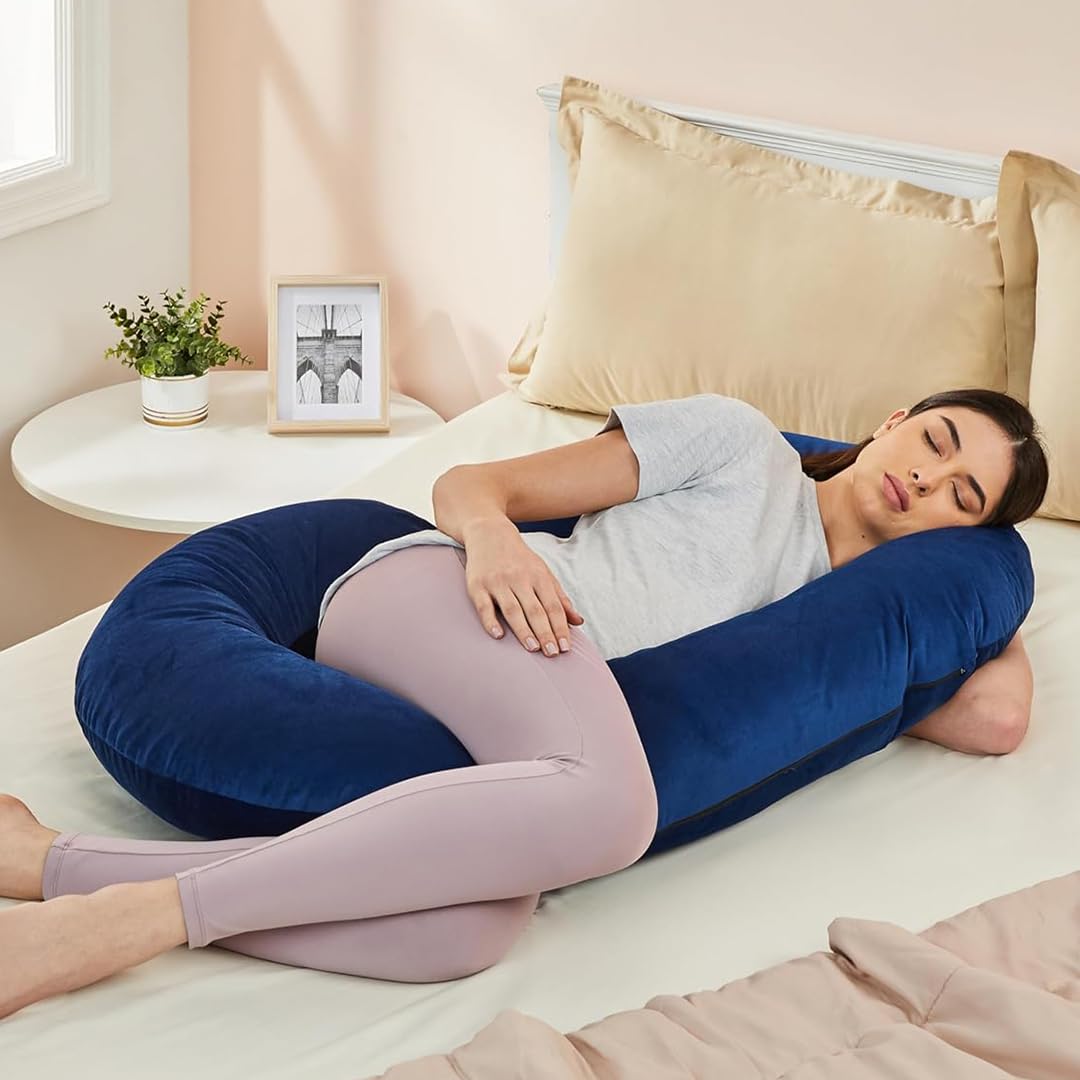 Amazon Basics Full Body Pregnancy Pillow for Maternity,Baby Nursing,Full Body Support -Abdomen,Hip,Spine,Neck&Leg Support Cushion| Perfect Baby Shower Gift |C-Shaped-Washable Cover with Zip- Navy Blue