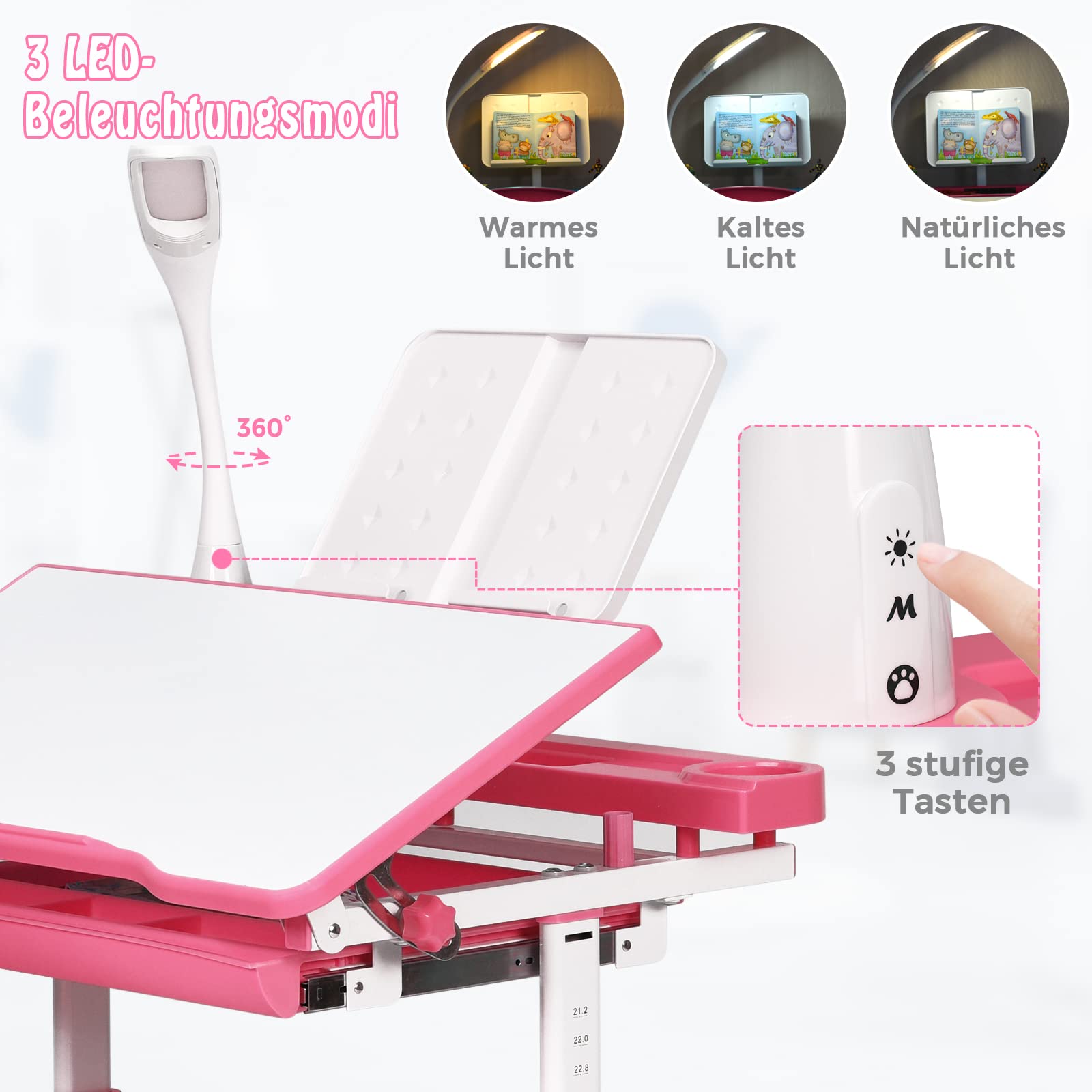 RELAX4LIFE Höhenverstellbarer Kinderschreibtisch mit Stuhl, Schülerschreibtisch mit Augenschutzlampe, Schreibtischset mit Verstellbarer Rückenlehne, Kindertisch mit kippbarer Tischplatte (Rosa)