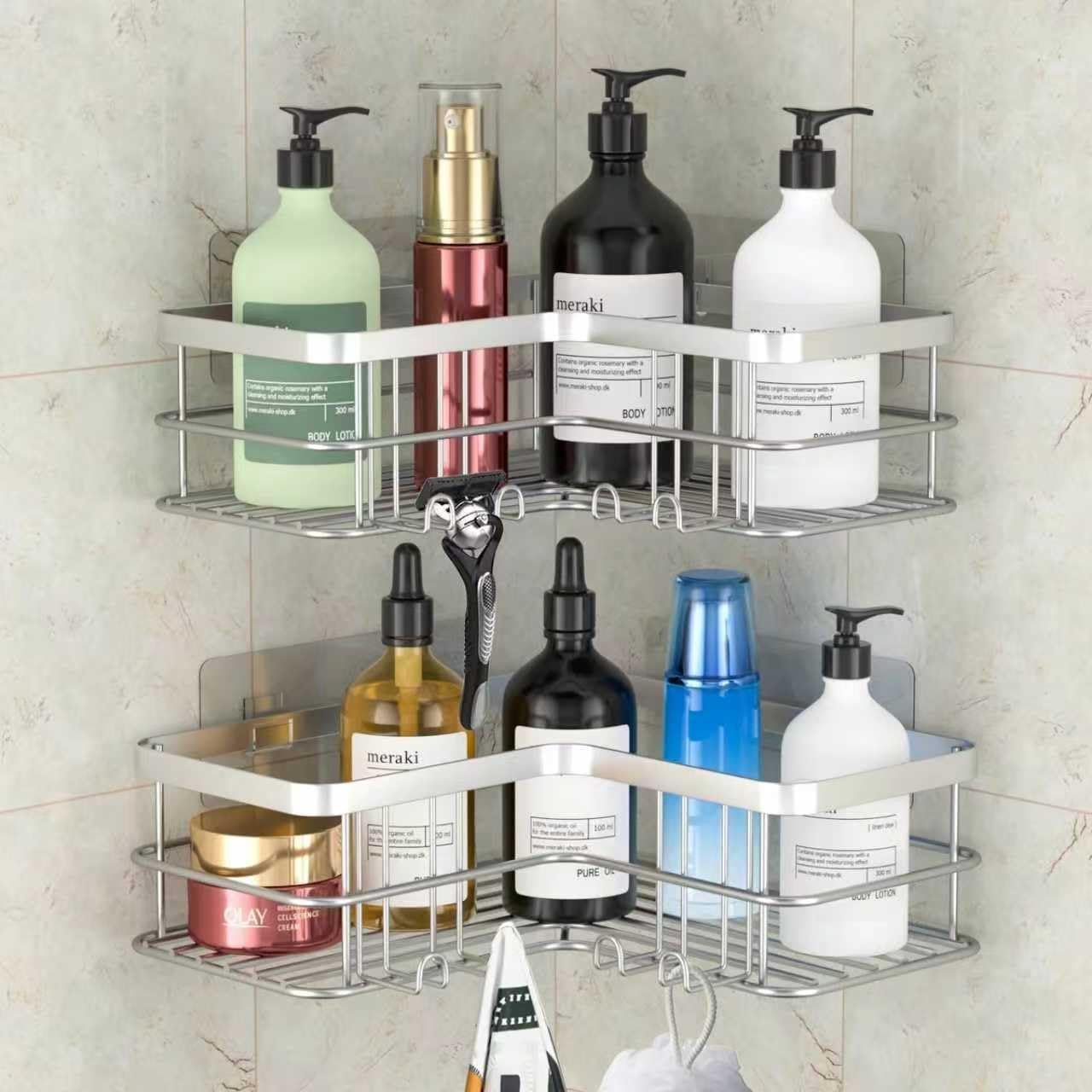Menbyci Confezione da 3 mensole angolari per doccia, mensole adesive da bagno con 18 ganci, organizer per doccia senza trapano e ad asciugatura rapida con grande capacità, in acciaio inossidabile