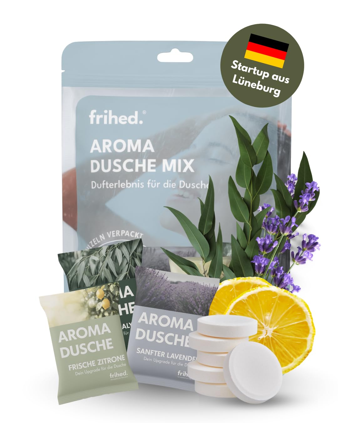 frihed.® Aromaduschen – 6 Duschtabs - Duschbomben mit ätherischen Ölen (Zitrone, Eukalyptus, Lavendel) – Spa‑Feeling für Dusche, Bad & Sauna – Geschenkideen (Lavendel, Zitrone, Eukalyptus)