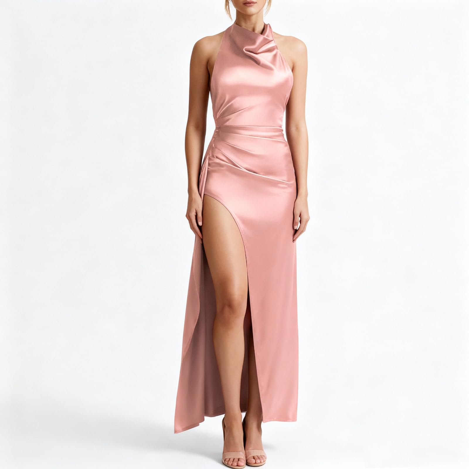 Robe Femme Sexy Longue Robes Maxi Dos Nu Fendue en Satin Robe de Soirée sans Manches Col Halter Chic Et Elégant Robes de Cocktail Party Demoiselle d'honneur