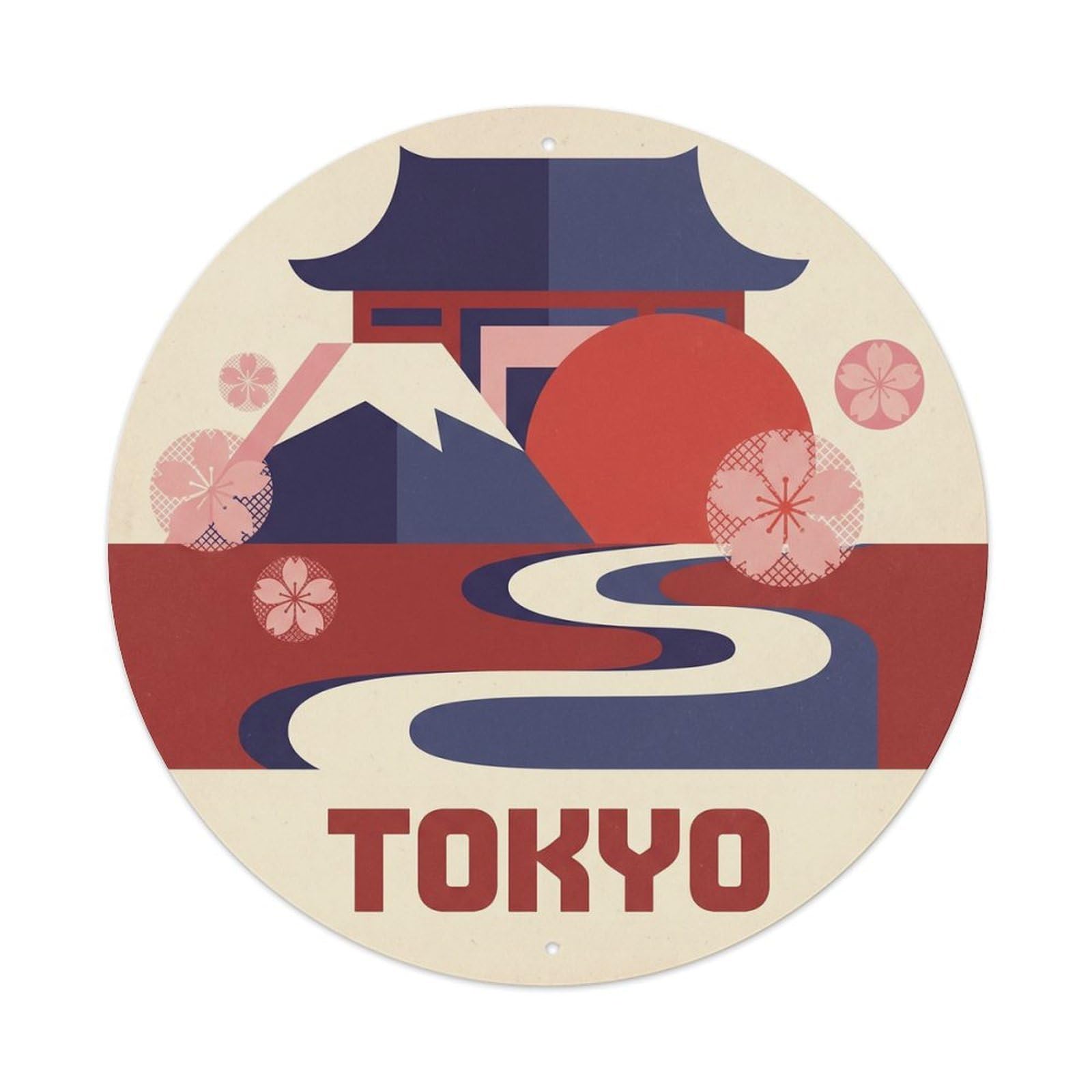 Tokyo Mid Century Geometric Historic Travel Cityscape Metal Tin Sign Plaque Wall Decor for Cafe, Man Cave, Club Bar, Office, Home Garden Round Metal Poster 8x8Inch