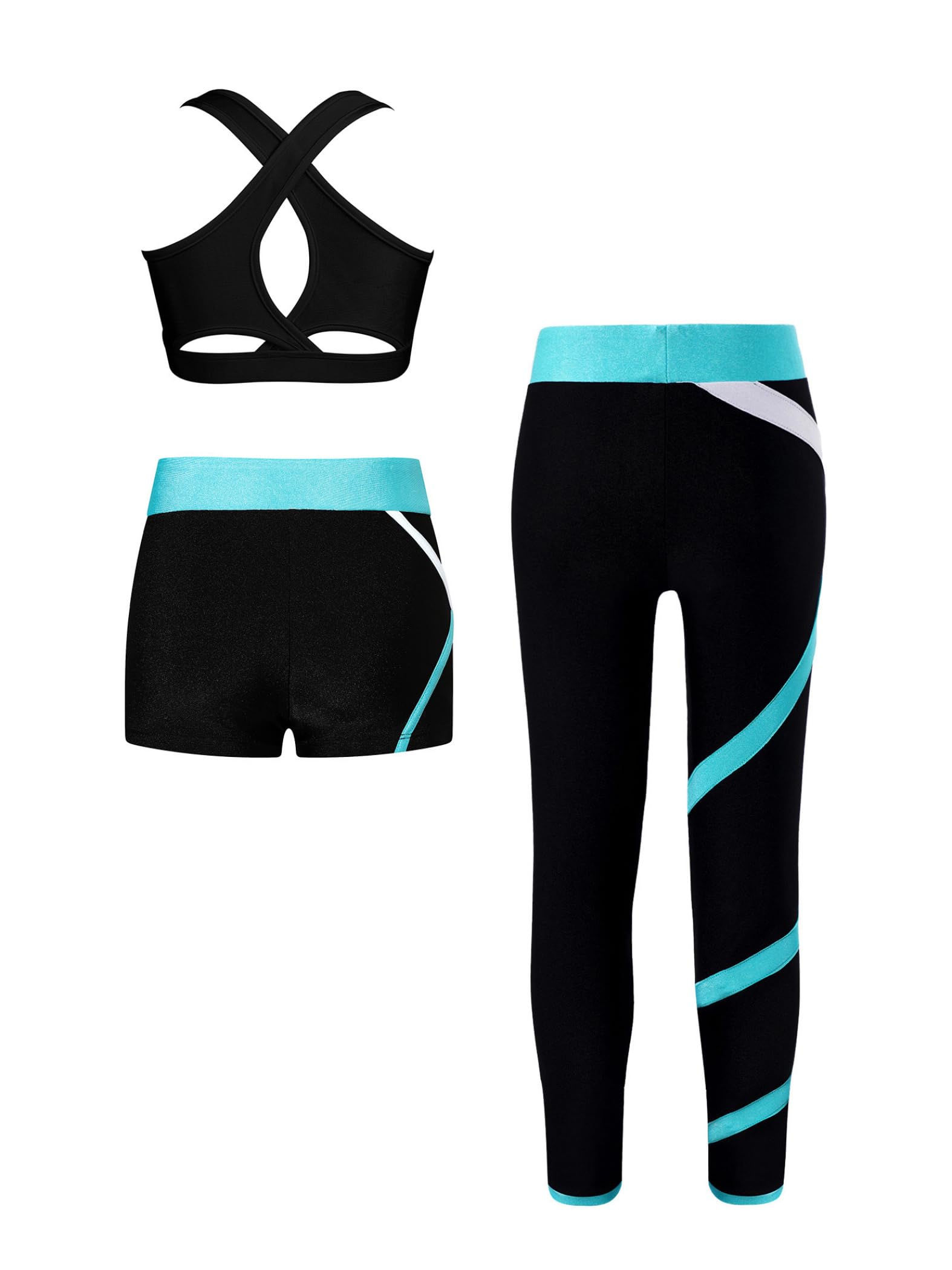 Ensemble De Sport Pour Fille 3 Pièces Complet Pour Entraînement Danse Moderne Yoga Course Jogging Débardeur Sportif + Short Sportif + Leggings Longs