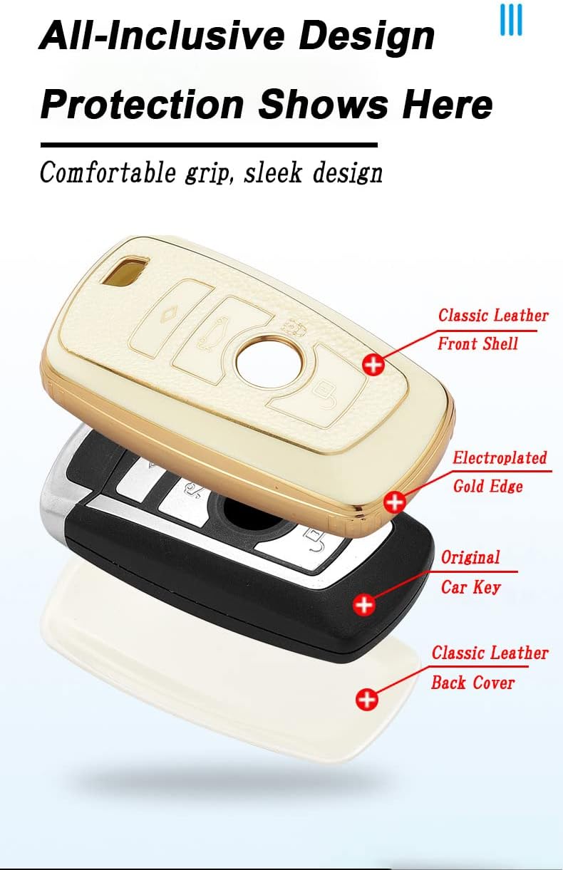 SANRILY Golden-Edge Leather Texture Key Fob Cover for BMW X3 X4 Series 1 3 4 5 6 7 M5 M6 GT3 GT5 Accessories Keyless Key Case Shell with Bling Leather Keychain Gray-Blue
