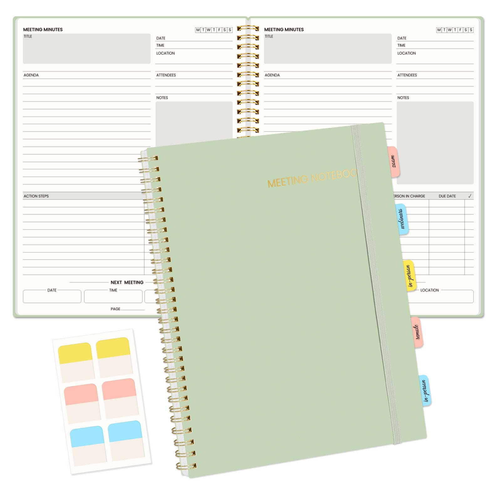 SUNEE Taccuino per riunioni da lavoro con linguette adesive, 160 pagine, formato A4, agenda per riunioni/minuti, organizer per appunti per donne e uomini, per prendere appunti, ufficio e affari, 21,6