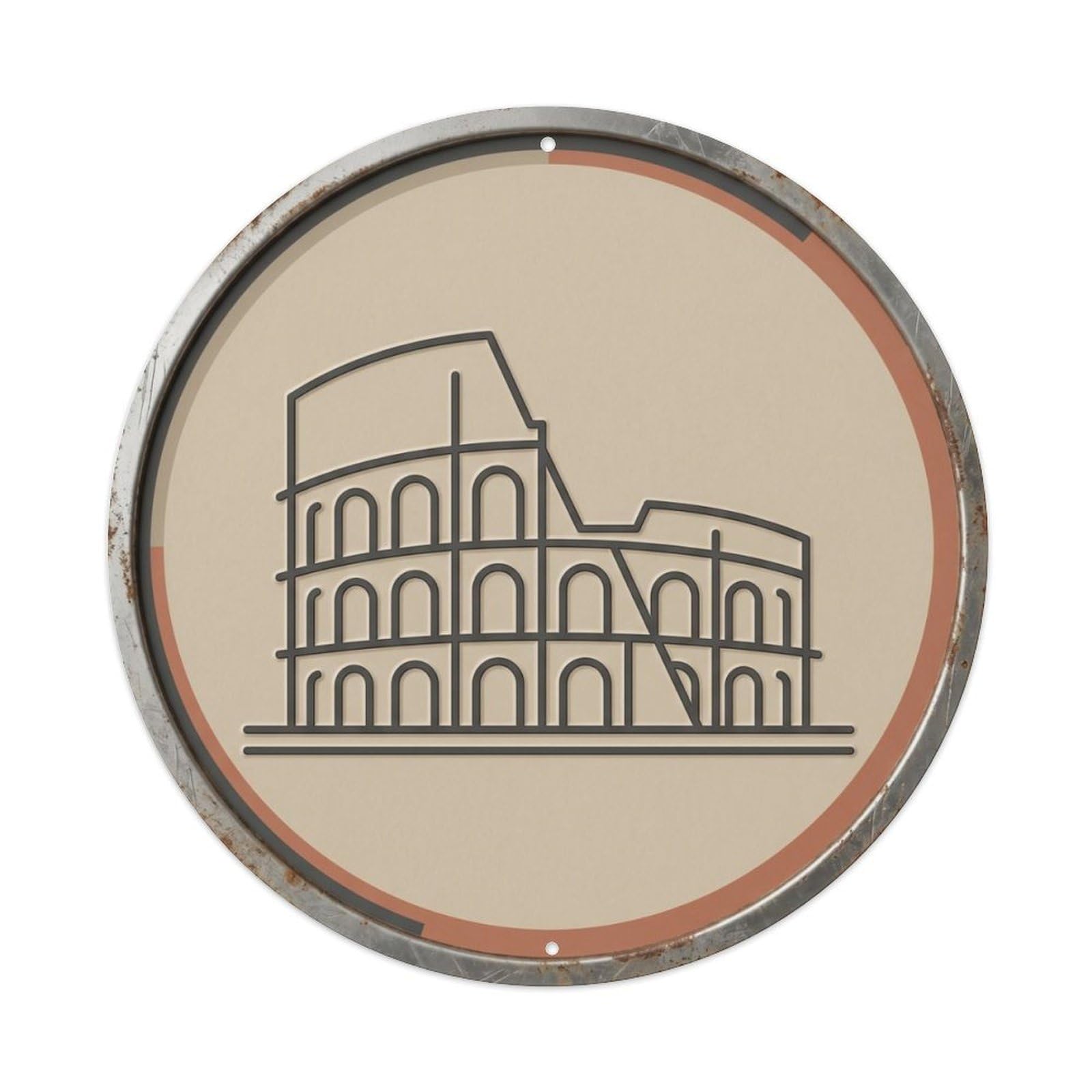 Colosseum Minimal Forum Travel Metal Tin Sign Plaque Wall Decor for Cafe, Club Bar, Office, Home Garden Round Metal Poster 8x8Inch