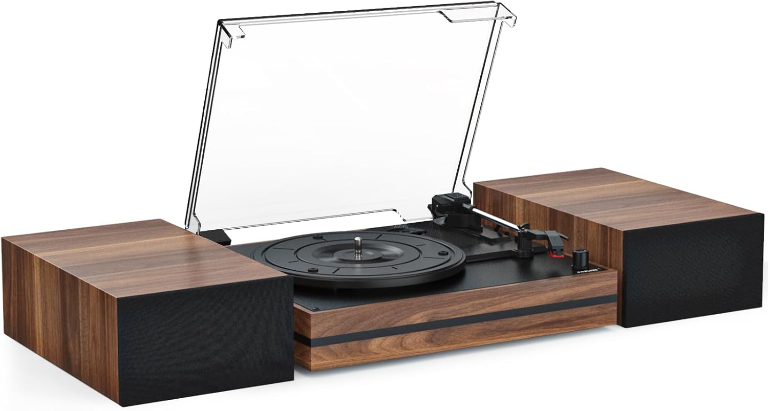 Vinyl Record Player with Speakers Vintage Turntable for Vinyls Records External Speakers Belt-Driven Turn Table Support 3-Speed Wireless Playback Headphone AUX-in LP Phonograph Audio Sound Wood Red Walnut Red Vintage - With External Speakers