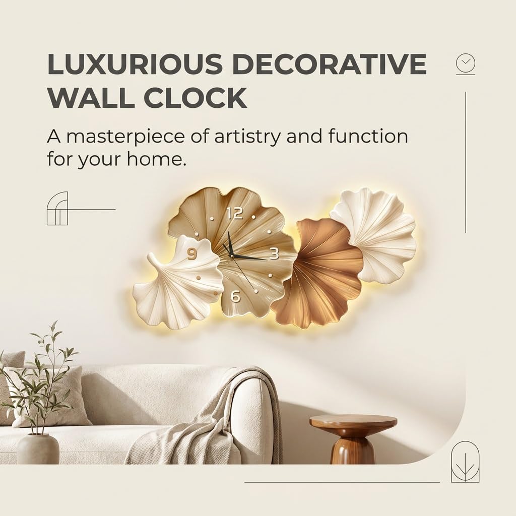 Orologio da Parete Grande 3D LED Dimmerabile, Decorazione Parete Moderna Foglie di Ginkgo in Metallo, Orologio Silenzioso per Soggiorno, Camera da Letto, Casa Aesthetic(Style A,100*55cm/39.4*21.7in)