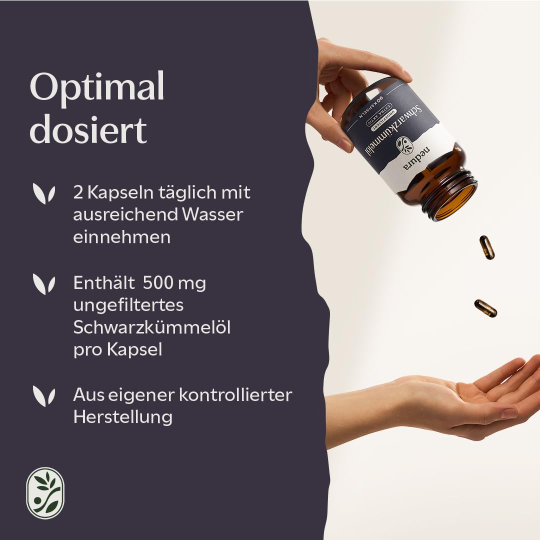 nedura® Schwarzkümmelöl Kapseln extra aktiv - 90 Stück in veganer Kapsel - Schwarzkümmel mit sehr hohem Thymochinongehalt aus Äthiopien - in eigener Deutscher Manufaktur kaltgepresst