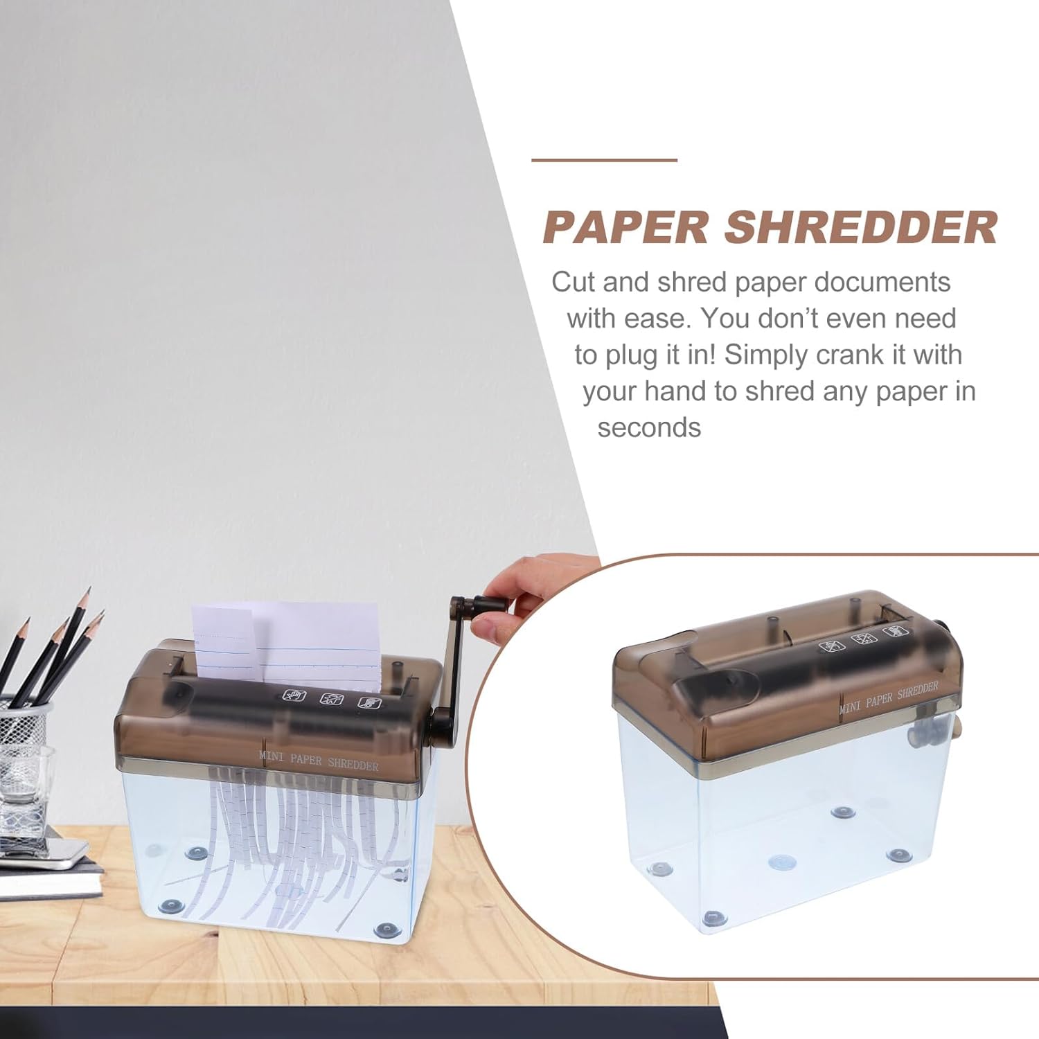 Homoyoyo Manual Desktop Hand Shredder for Office and Home Portable Mini Paper Cutter with Wastebasket Clean Handheld Document Shredding Tool for Bills Receipts and Bank Statements