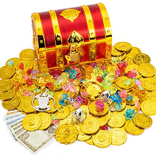 Kids Pirate Chest Toy Box,Golden Red Treasure Chest with Lock and Keys,Gems,Gold Pirate Coins,Pirate Badge,Chains,Rings,Skull Earrings for Kids' Party Favor Sets