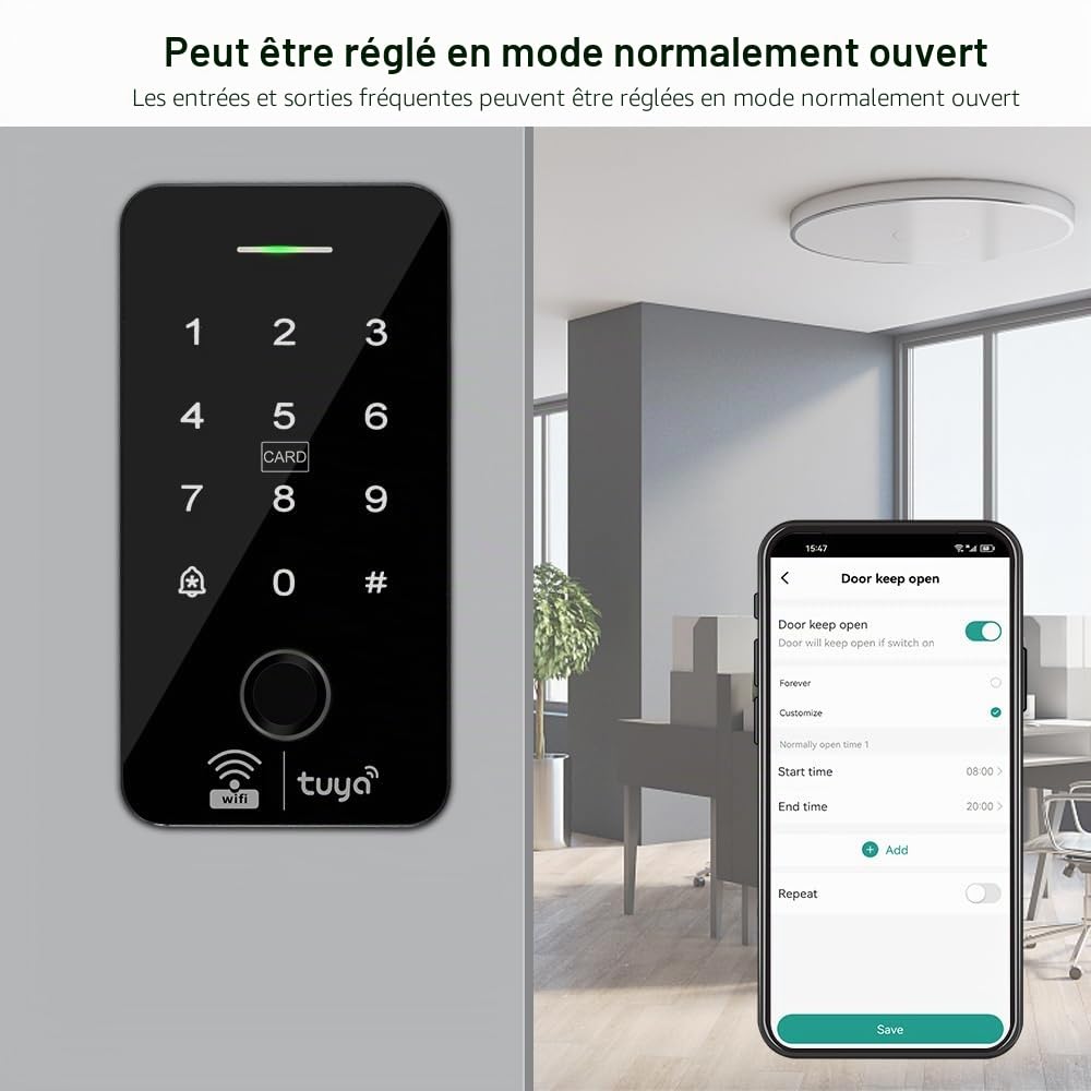 WiFi Tuya système de contrôle d'accès comprend un clavier d'empreintes digitales étanche IP68, serrure de porte électrique en métal mode NC, 10 porte-clés RFID de 125 KHz, source de
