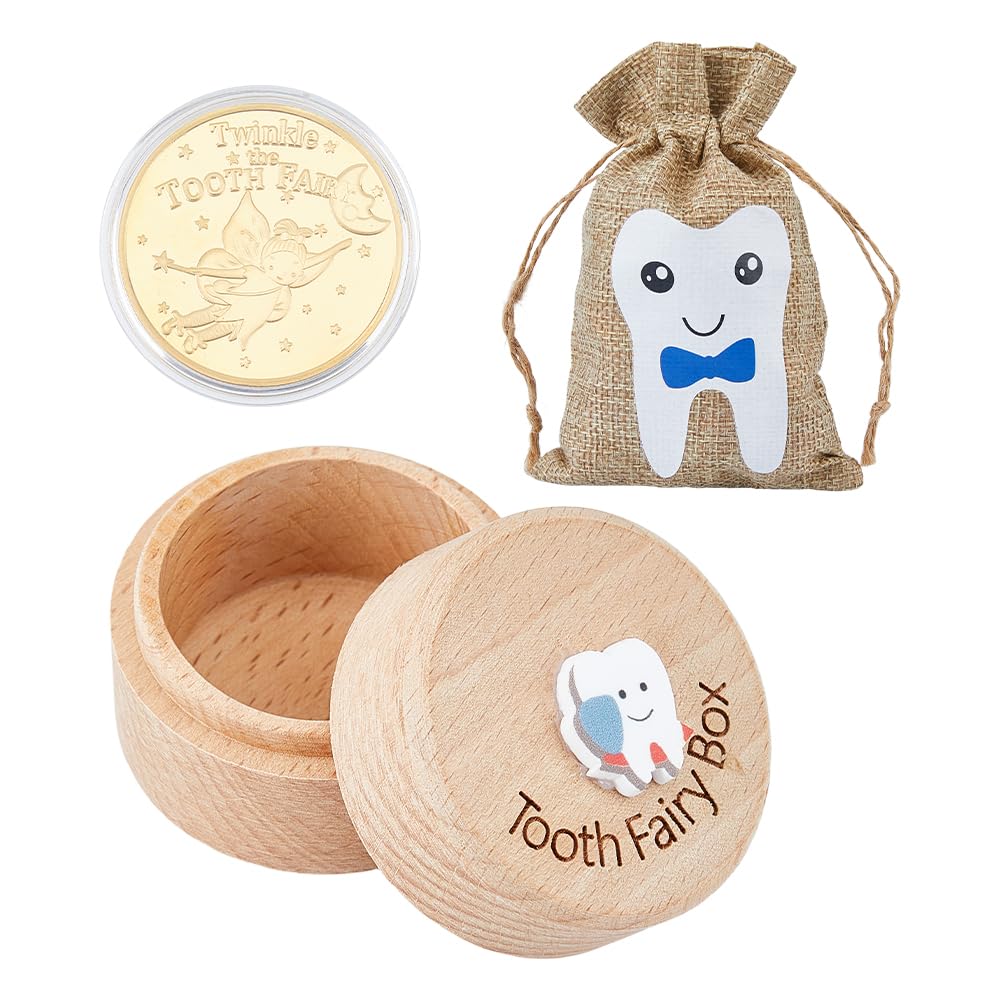 SUPERFINDINGS 1 Set Wood Tooth Fairy Box with Fairy Reward Coin and Linen Pouches Blue Dropped Tooth Keepsake Collection Storage Box for First Lost Teeth Fairy Gifts