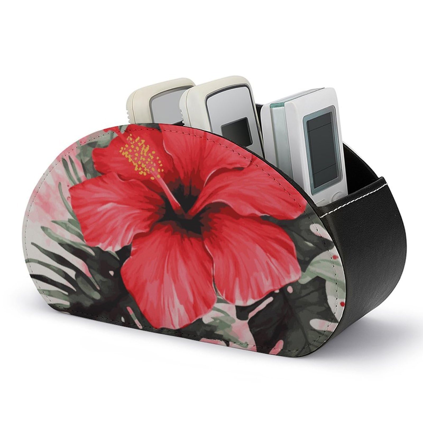 JTREHY Red Hibiscus Remote Control Holder with 5 Compartments Pu Leather Remote Caddy Box Multi-functional Deskt Holders Organizer Box Tray Bedside Table Storage Organizer