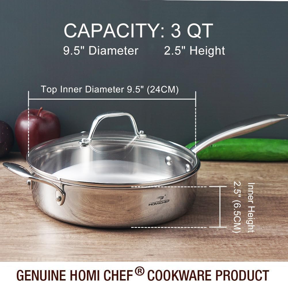 HOMICHEF Patelnia do smażenia ze stali nierdzewnej 2,8 l 24 cm indukcyjna