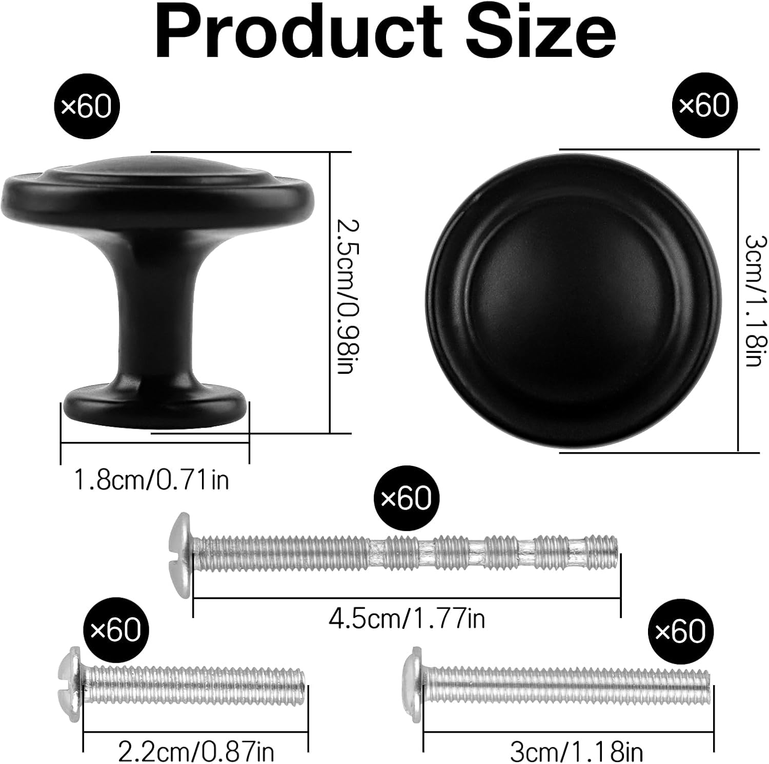 Kalolary Black Cabinet Knobs, 60 Pack 1-1/4 inch Kitchen Drawer Knobs Round Single Hole Cabinet Hardware for Dresser Drawer Cabinet