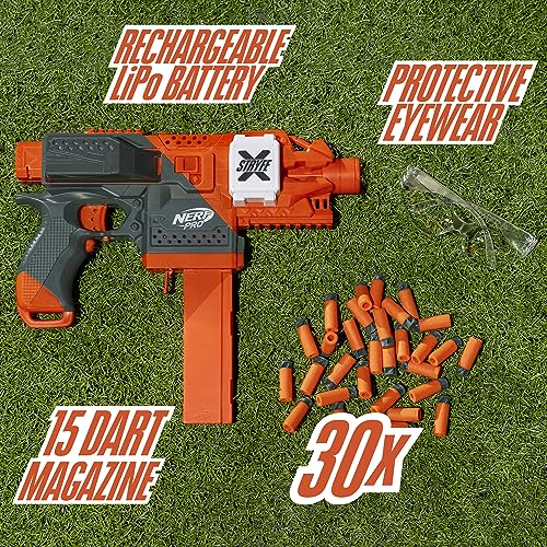 Image of NERF Pro Stryfe X Dart Semi-Auto Blaster, Rechargeable LiPo Battery, 30 AccuStrike Half-Length Darts, 15-Dart Magazine, 150 FPS, Eyewear, 14+ (Amazon Exclusive)