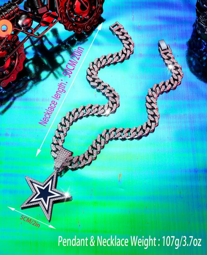 Exaggerated full rhinestone blue star necklace, hip hop men and women thick necklace3