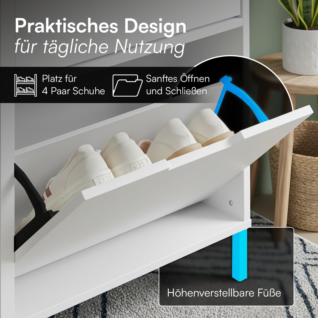 Bellamio Ceyhan Schuhschrank mit 2 Klappen – Schuhkipper weiß aus Holz – Schuhregal schmal 50x19x90cm – platzsparender Flurschrank mit 2 geschlossenen Fächern – Schuhkommode für Flur/Garderobe