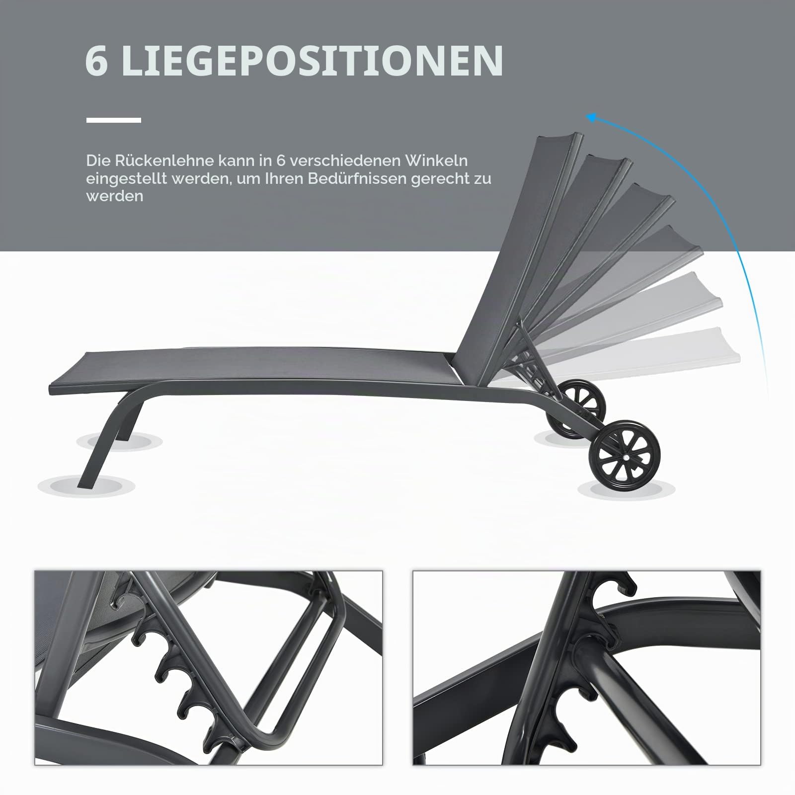 GIANTEX Sonnenliege, Gartenliege mit Rollen, Liegestuhl mit 6-Fach Verstellbarer Rückenlehne, Outdoor Liege für Garten, Balkon & Pool, belastbar bis 150kg, 191 x 61 cm (ohne Sonnendach, Grau)