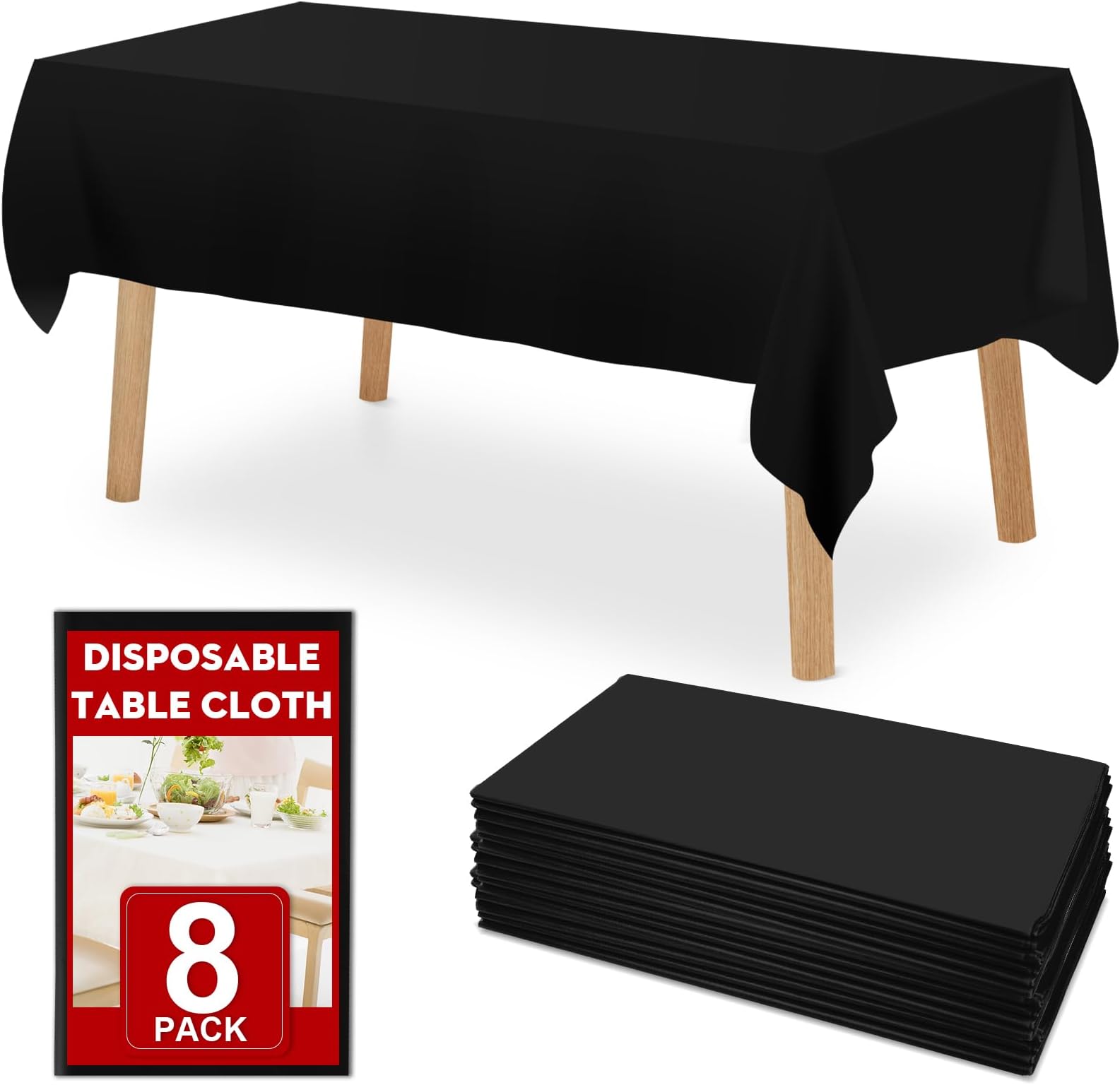 8 Pack Black Plastic Table Cloths Disposable, 54 x 108 Inches Plastic Table Cover for Rectangle Tables, Disposable Tablecloth for Dinning, Parties, BBQ, Wedding, Outdoor