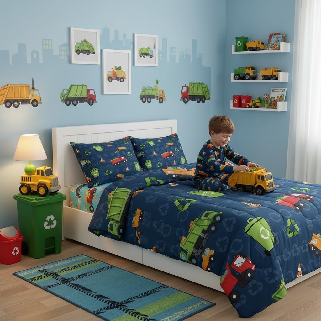 Erosebridal Kids Bedding Full Size Garbage Truck Comforter Set, Cartoon Car Vehicles Bedding Comforter Sets for Boys Girls Trash Waste Management Vehicle Duvet Set Refuse Classification Quilt 3Pcs