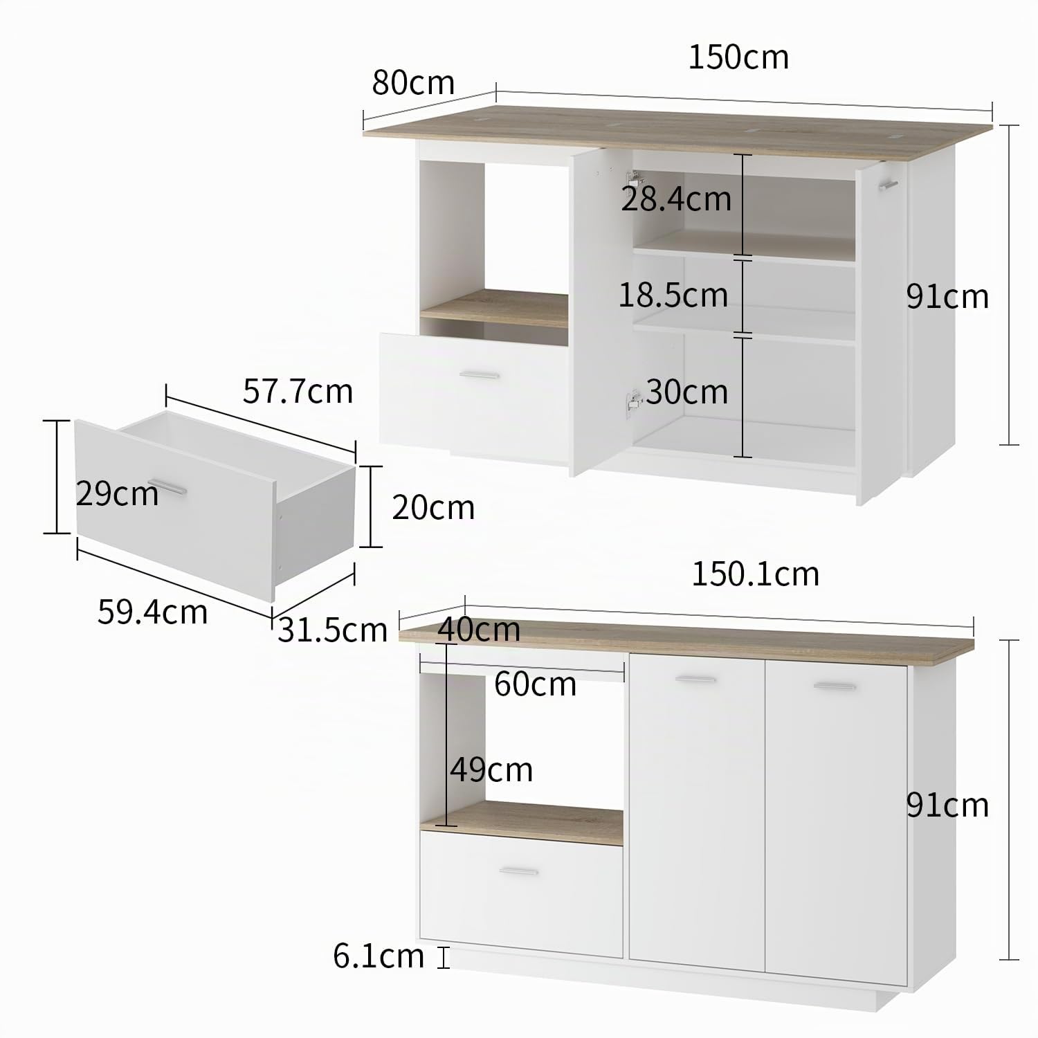Caldion Central Îlot de Cuisine Buffet Salles à Manger avec Plan de Travail Pliable Meuble de Cuisine avec Plan de Travail Armoire de Cuisine avec tiroirs 150x40x93cm Bois&Blanc