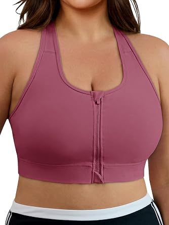 Aoysky Womens Zip Front Criss Cross Sports Bras Plus Size Adjustable Straps Padded Wireless Yoga Workout Running Crop Top Rose Red