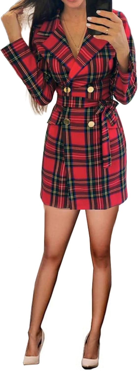 Women's Plaid Blazer Double Breasted Suit Dress Jacket Banquet Daily Coat