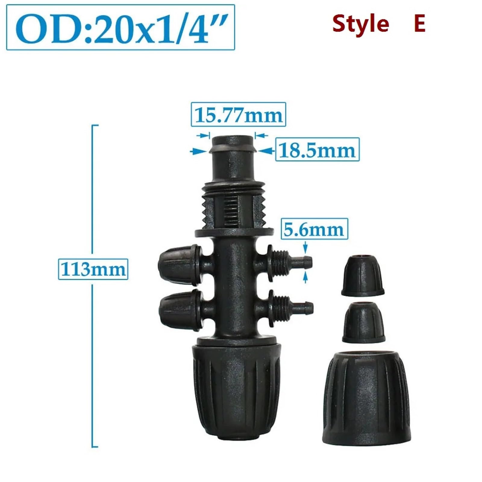 1 pieza de conectores de manguera de PE de 16 mm, 20 mm a 1/4", conector divisor de agua de 1/2/4 vías, tuerca de seguridad de acoplamiento de tubería reducida de 1/2, 3/4 a 4/7 mm(Style E)